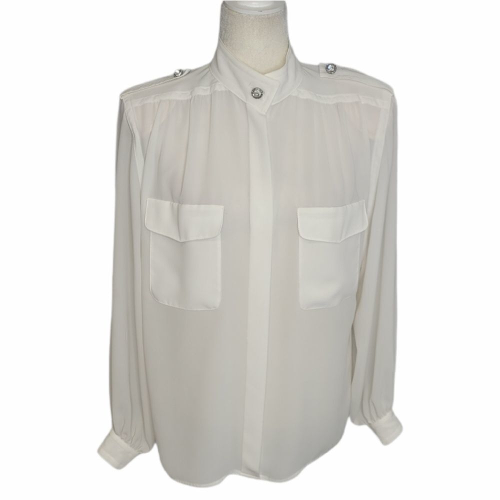 VINTAGE 80s blouse Liz Claiborne white jewel button high neck chiffon top 8
